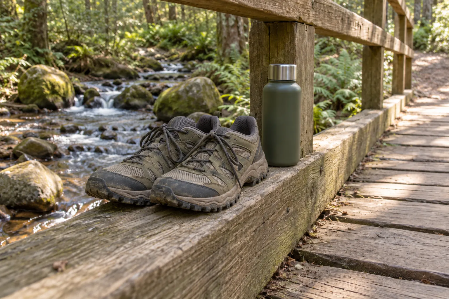 Illustration: Trail shoes and a handheld flask beside a wooden footbridge.
