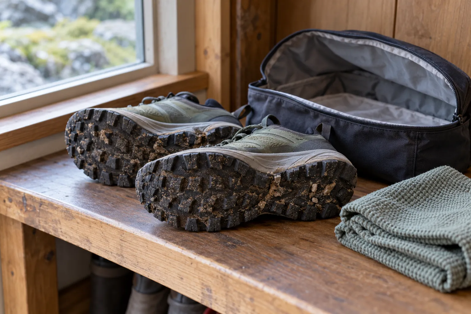Illustration: Trail shoes showing lugged soles beside a washable shoe bag.