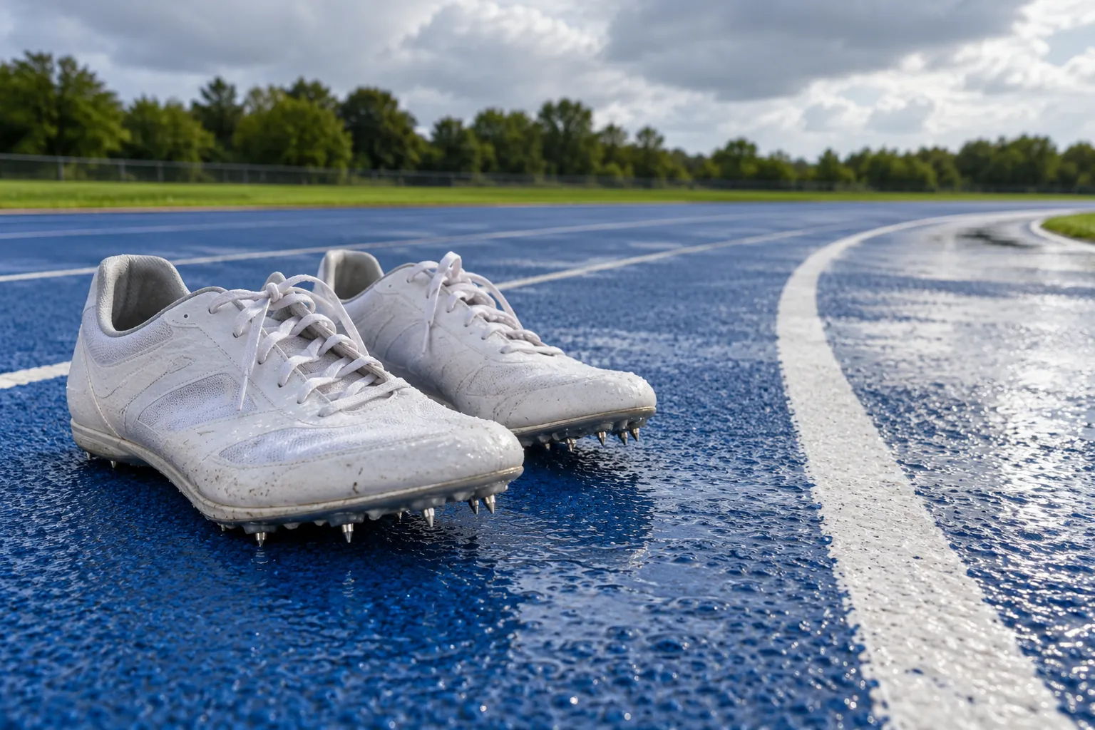 Illustration: Track spikes beside a wet blue athletics-track curve.