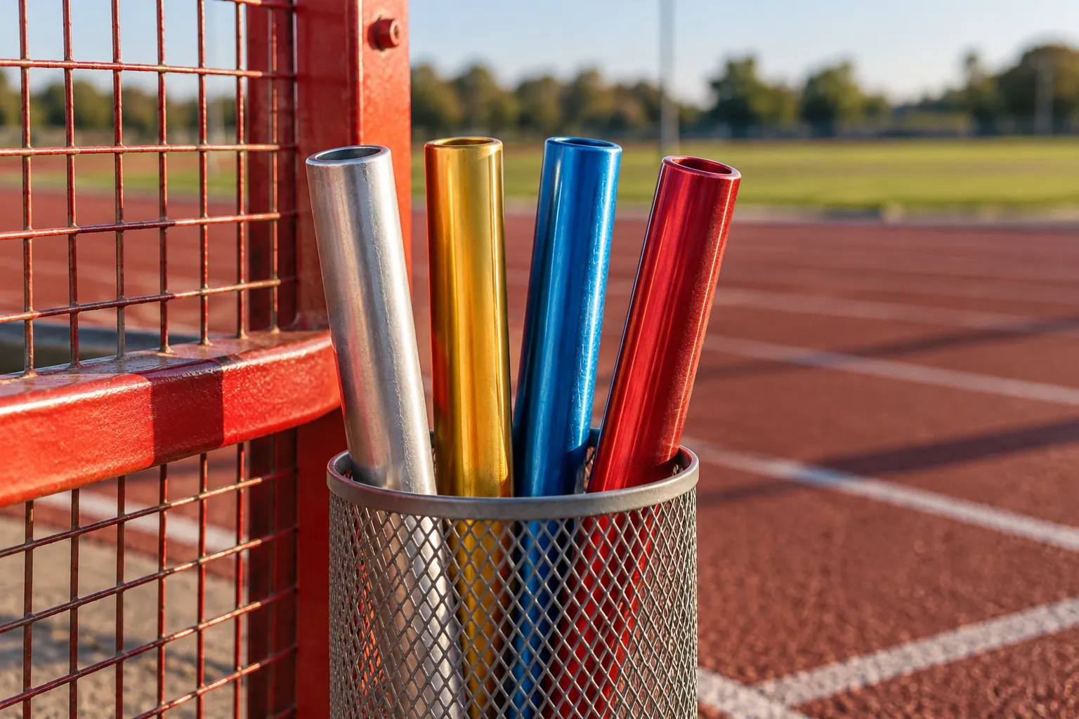 Plain relay batons stored beside an athletics equipment cage.