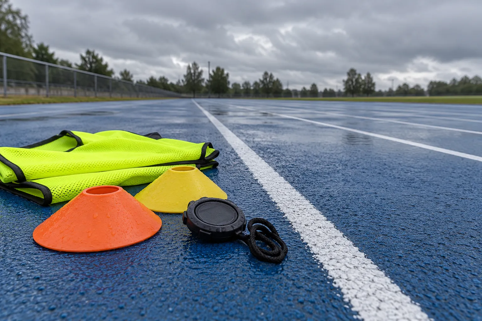 Illustration: A stopwatch and cones beside an empty running track.