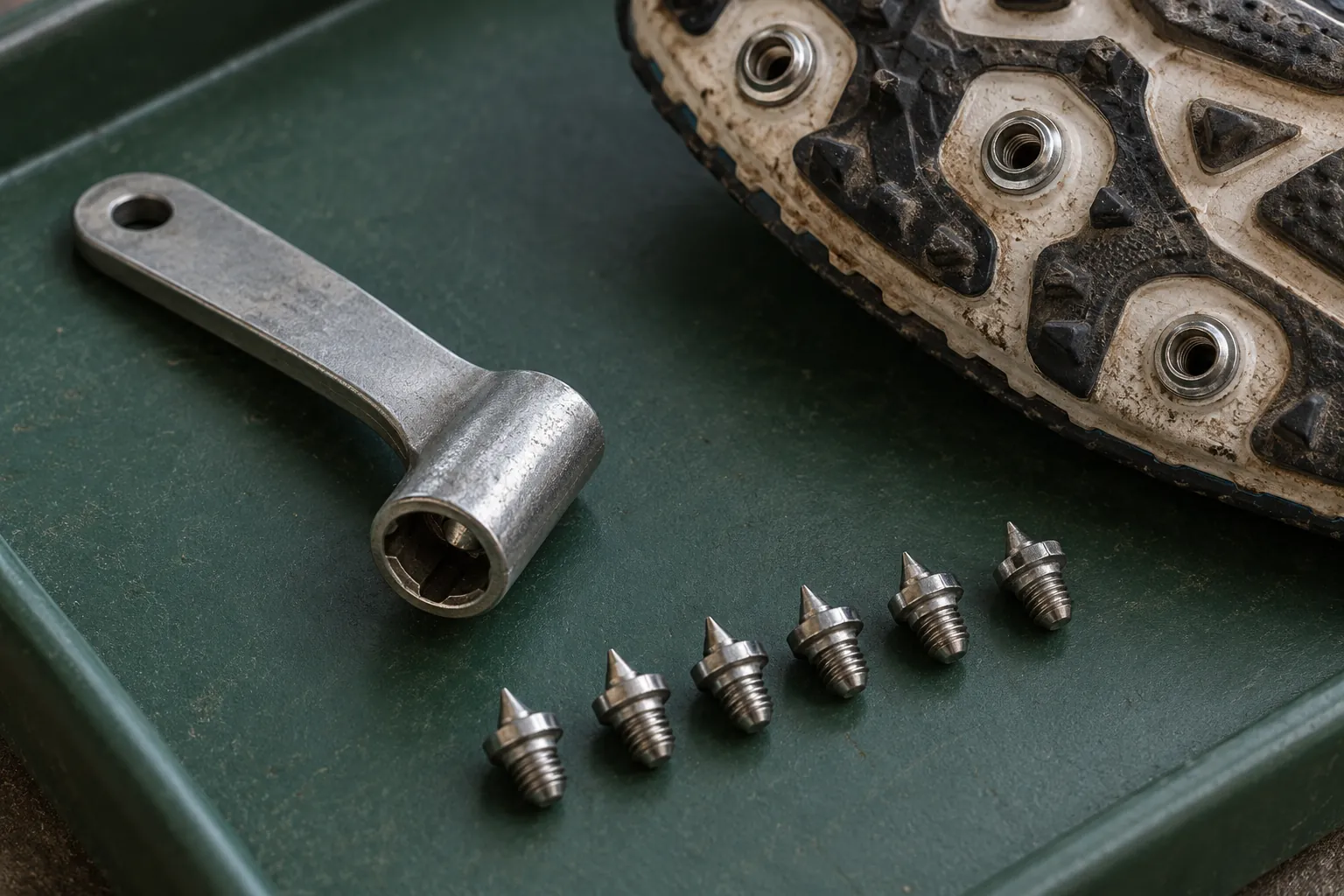 Illustration: A spike wrench and replacement pins beside a running-shoe sole.