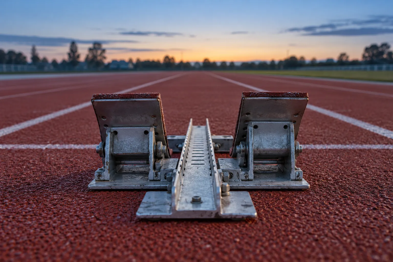 Illustration: Starting blocks aligned with an empty athletics lane.