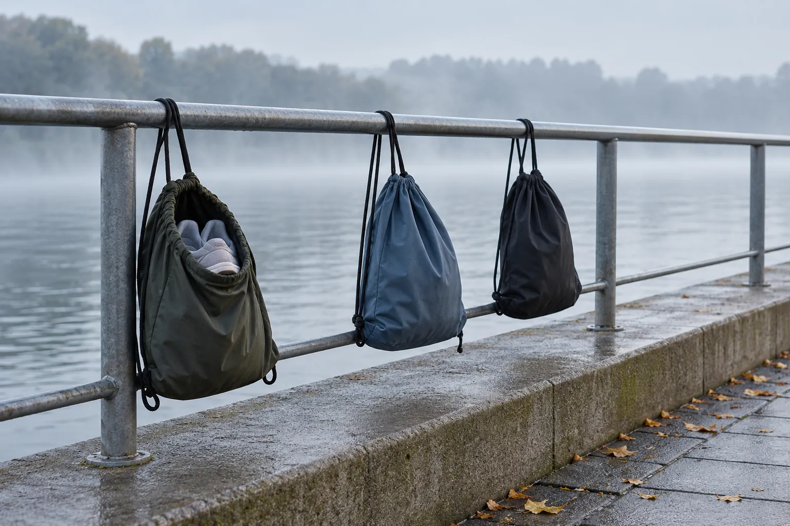 Illustration: Running-shoe bags hanging at a riverside meeting point.
