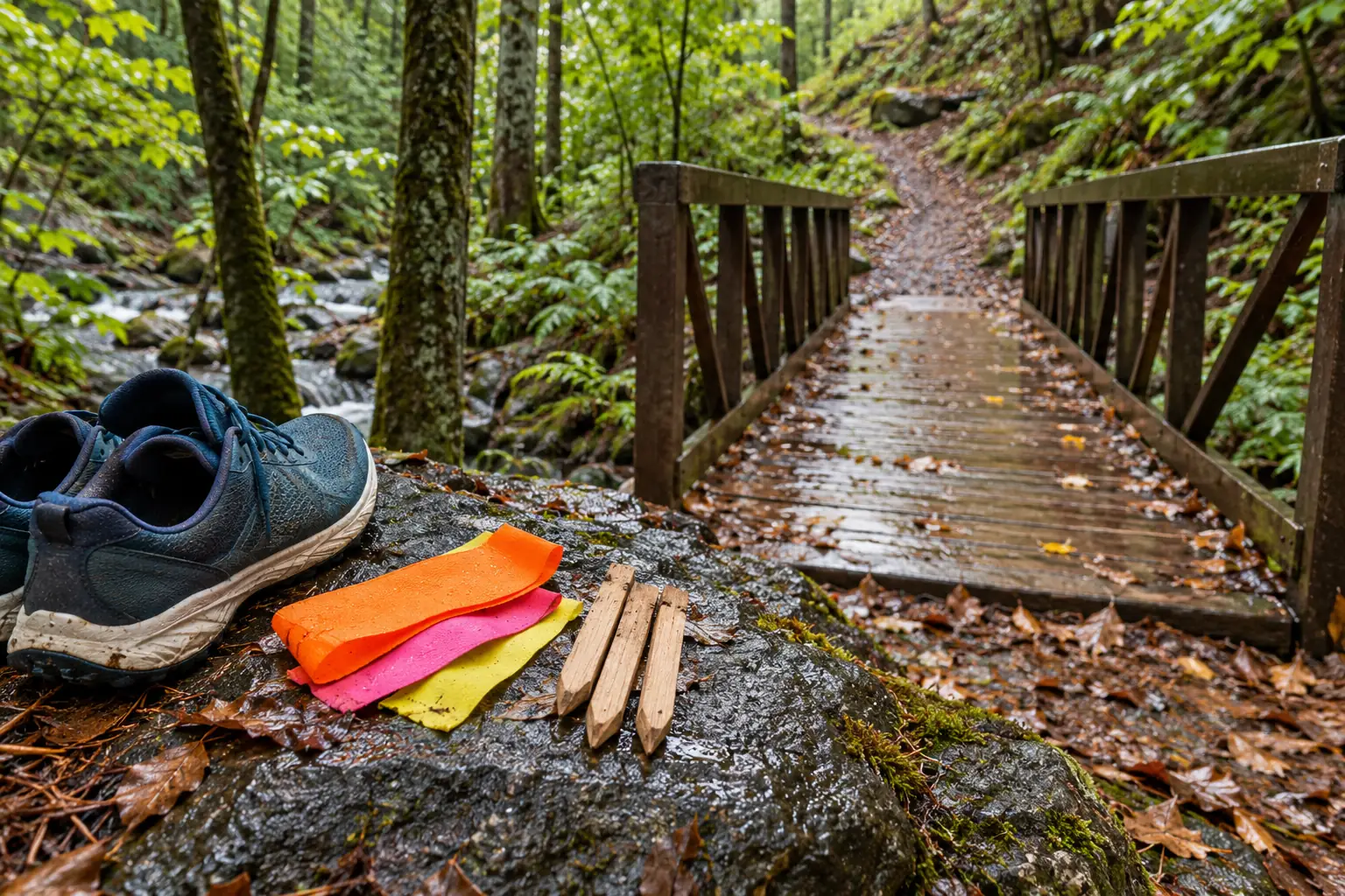 Illustration: Reusable route markers beside a woodland footbridge.