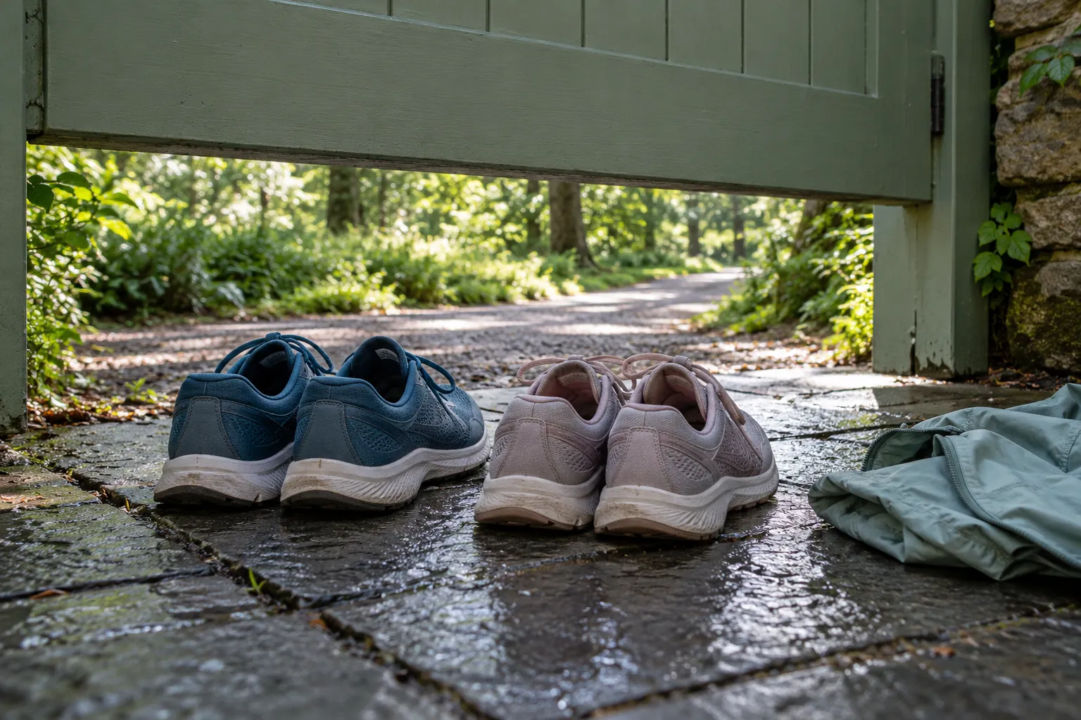 Illustration: Running shoes by a sage garden gate opening onto a park path.