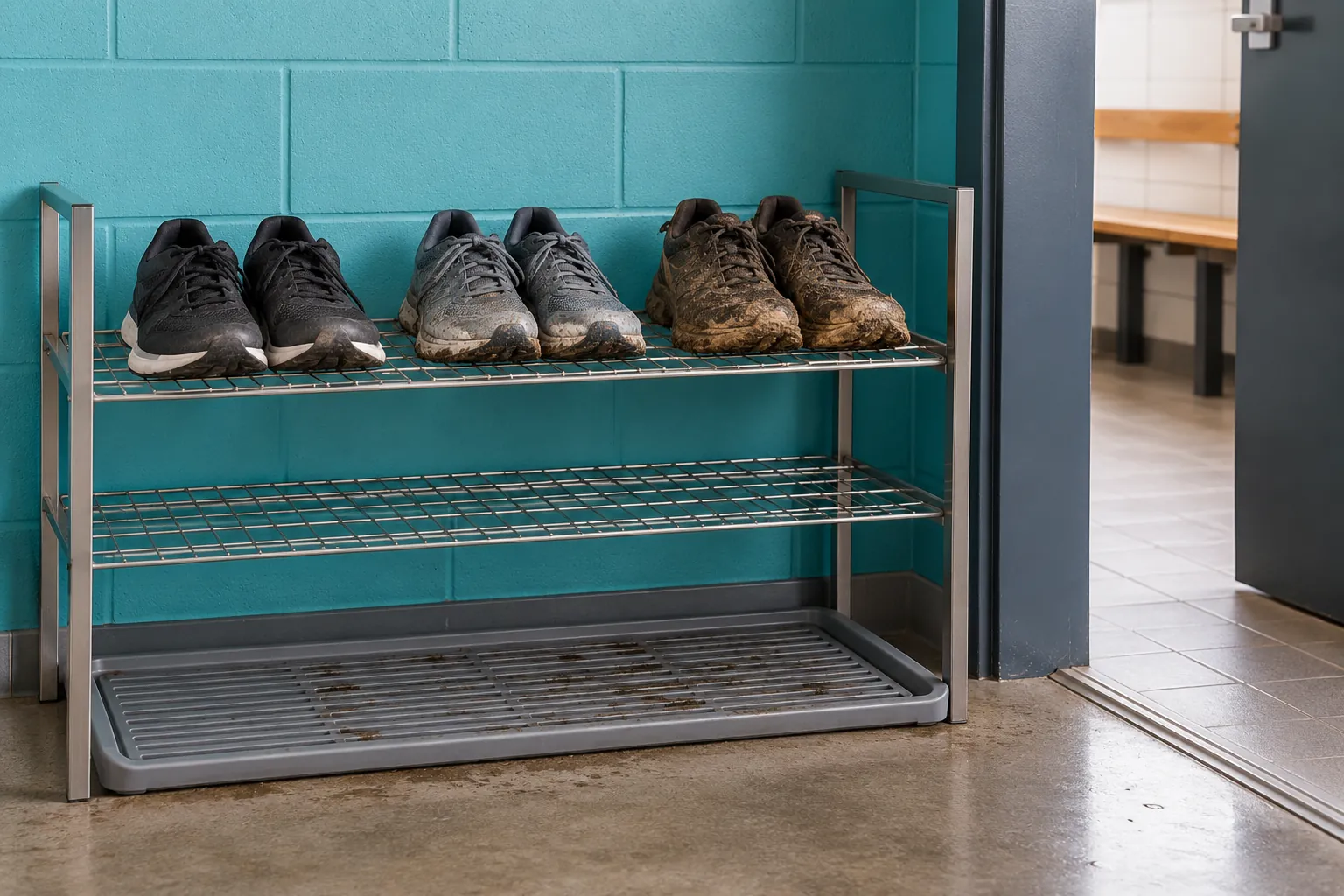Illustration: Muddy running shoes drying on a metal rack.