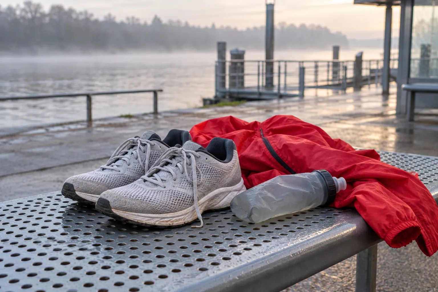 Illustration: Plain running shoes, a red lightweight jacket and a soft running flask rest on a perforated steel bench at an anonymous misty riverside ferry stop, seen low with the path beyond.