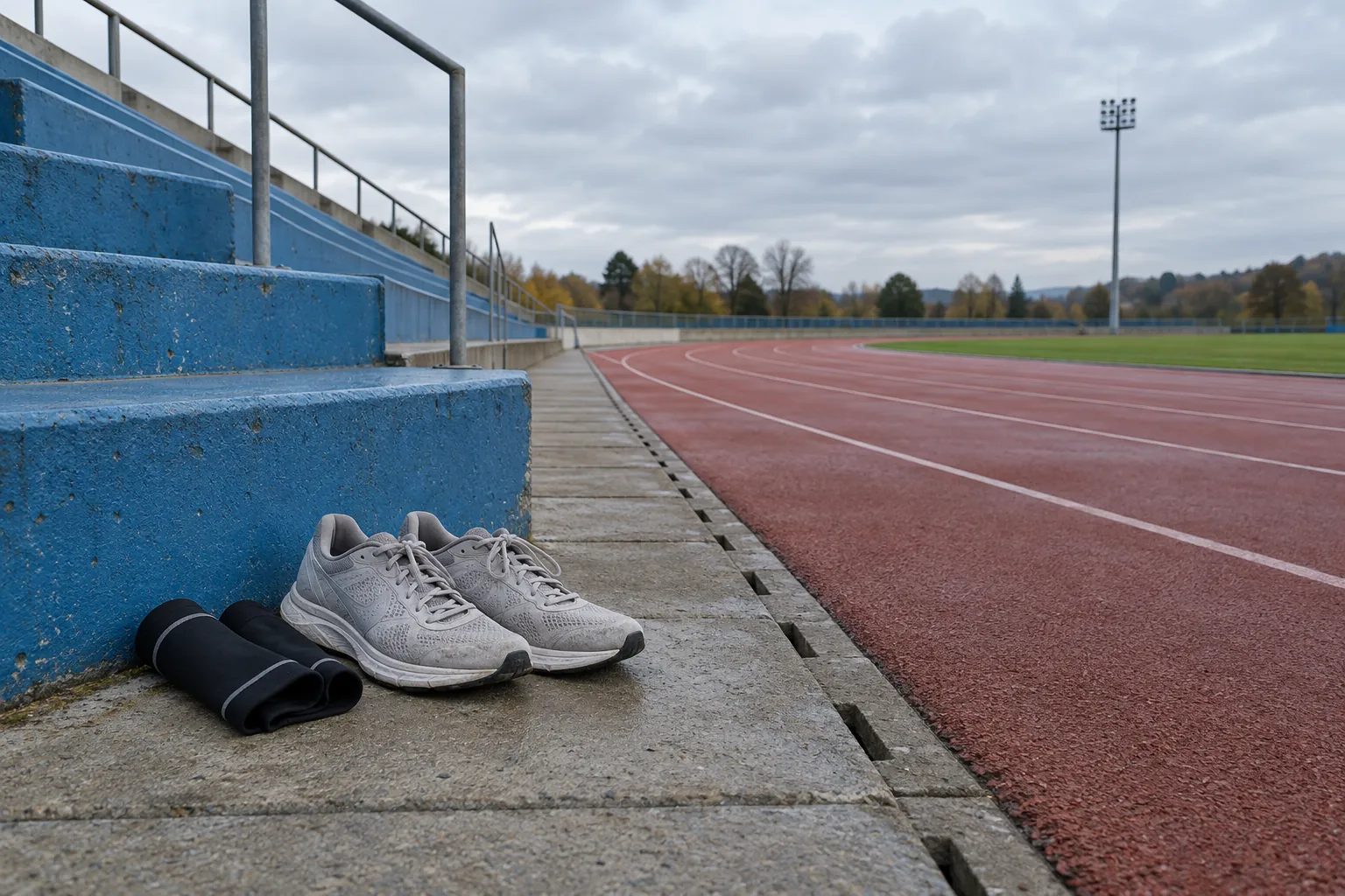 Illustration: A pair of plain running shoes and rolled calf sleeves sit at the base of blue stadium steps beside an empty running track, shot wide under overcast light.