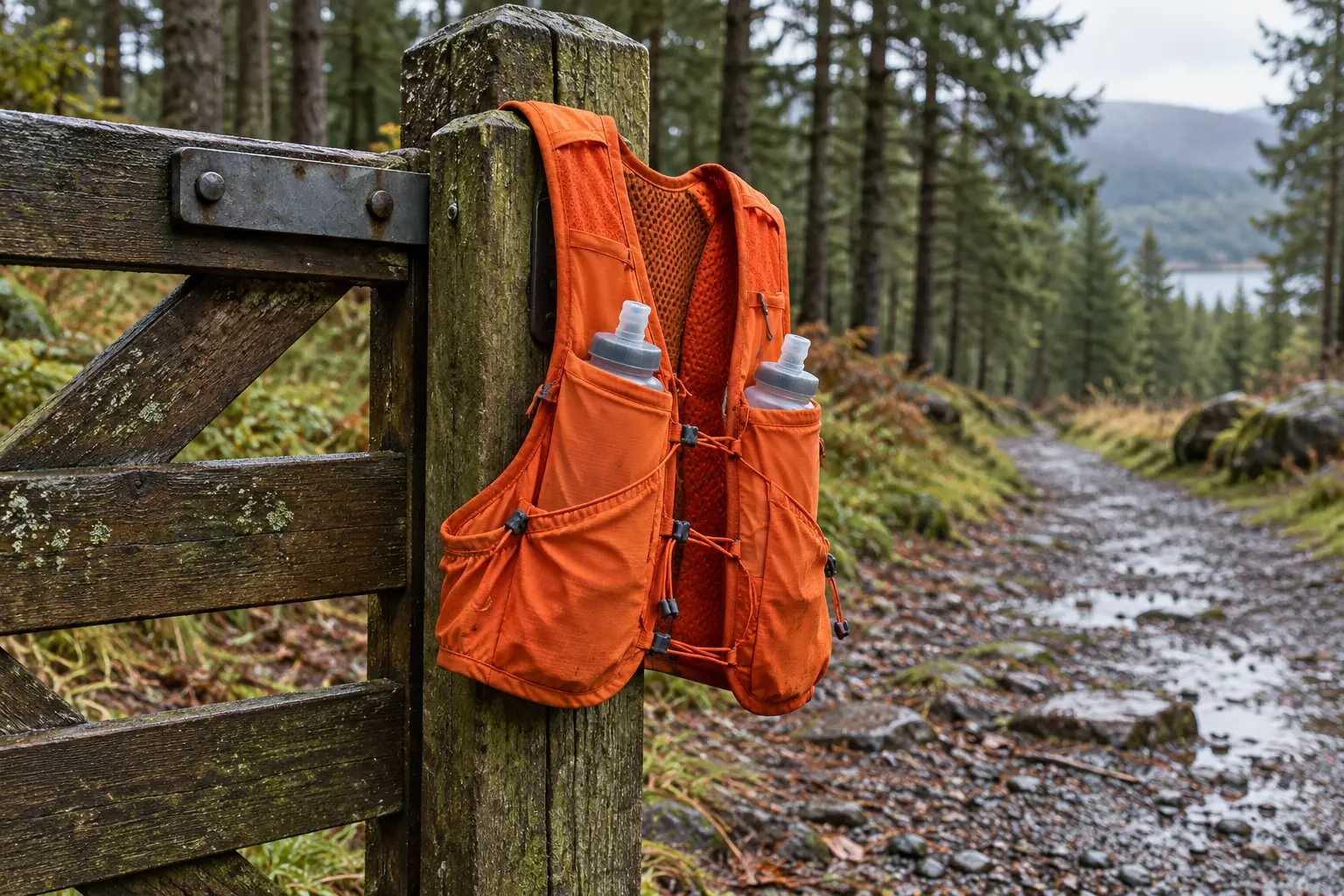 Illustration: A plain orange hydration vest with two soft flasks hangs from a timber forest-path gate, with damp gravel and pines receding behind, seen at chest height.