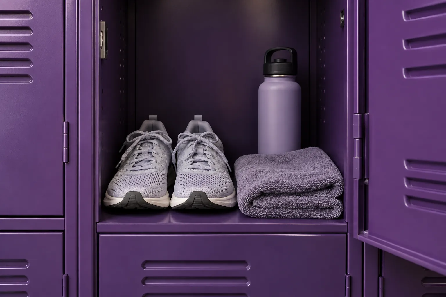 Illustration: An open purple gym locker holds plain running shoes, a folded towel and an unbranded water bottle, photographed frontally with realistic mesh fabric detail.