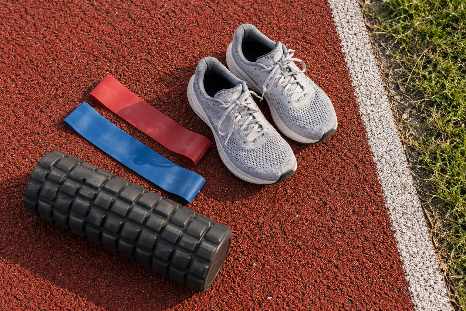 Illustration: Two simple loop resistance bands, plain running shoes and a foam roller lie along the edge of a red rubber running track, shown near overhead with no lane numbers.