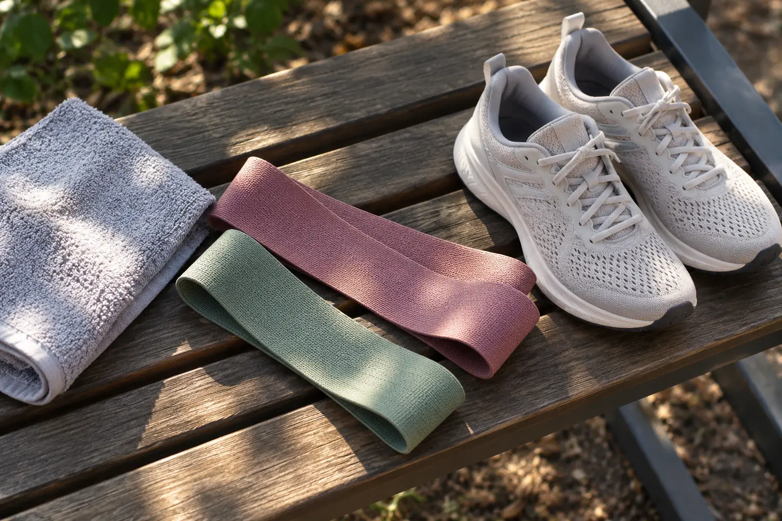 Illustration: Resistance bands, a towel and running shoes on a bench.