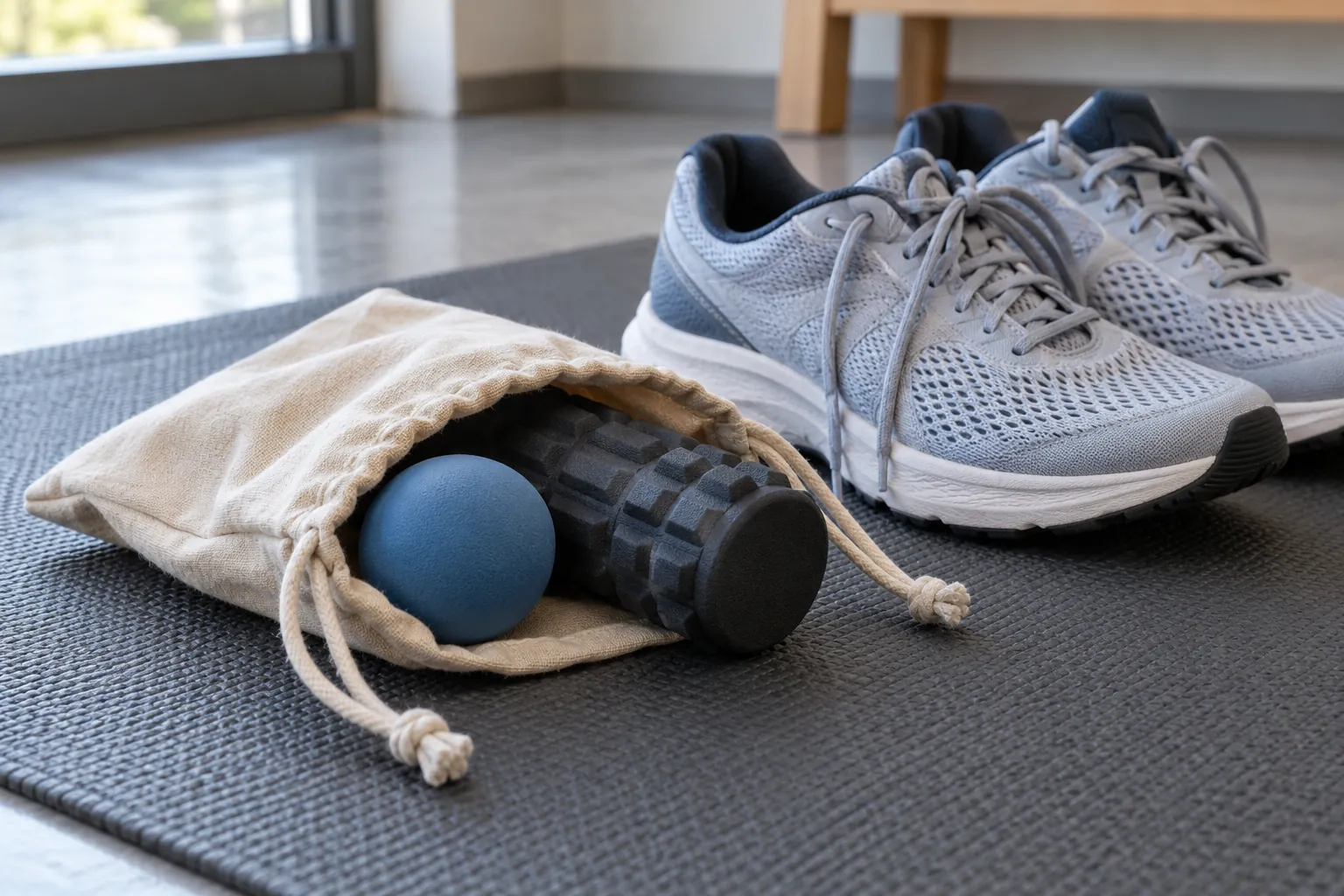 Illustration: A massage ball, compact roller and running shoes on a mat.