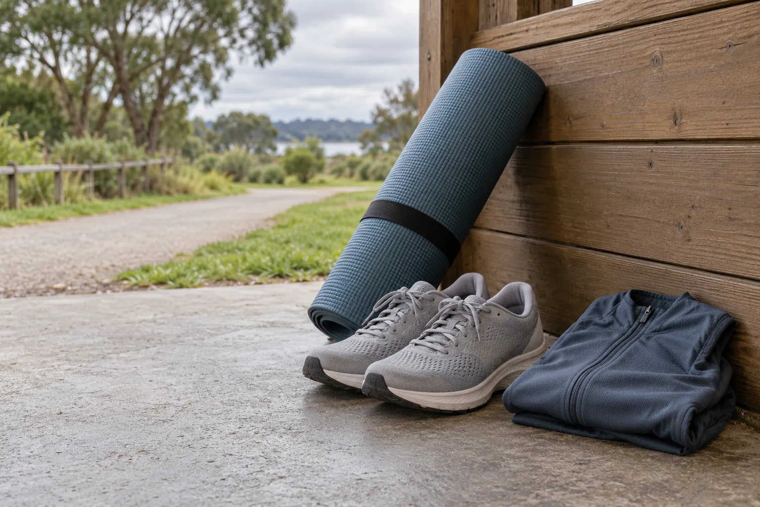 Illustration: A rolled mat and running shoes in a park shelter.