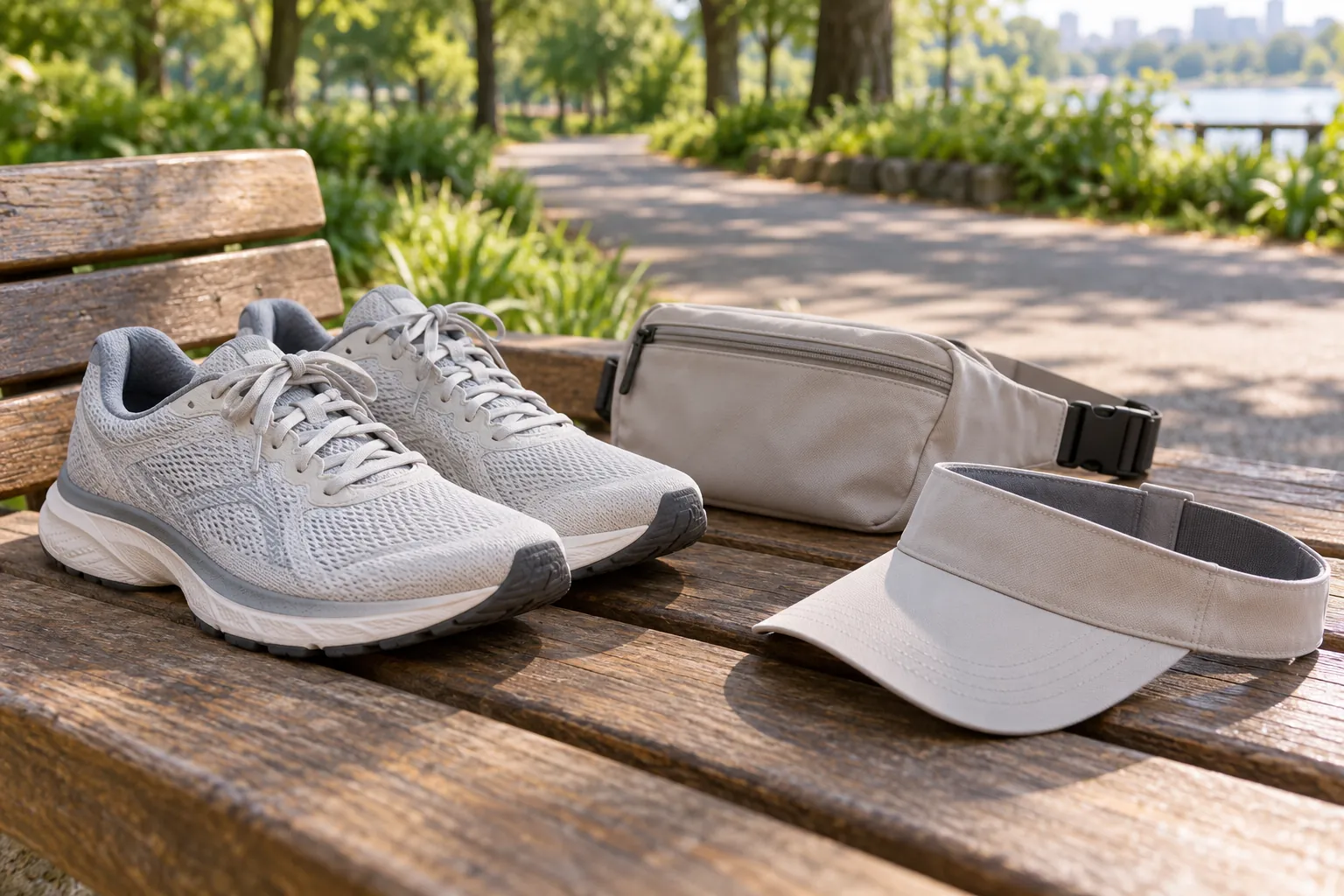 Illustration: Cushioned shoes, a waist pouch and visor beside a park path.