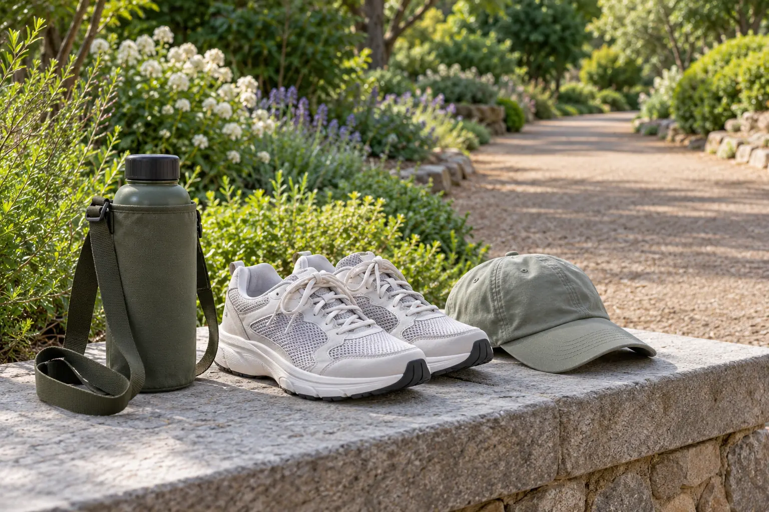 Illustration: A bottle sling, cushioned trainers and cap at a garden-path entrance.