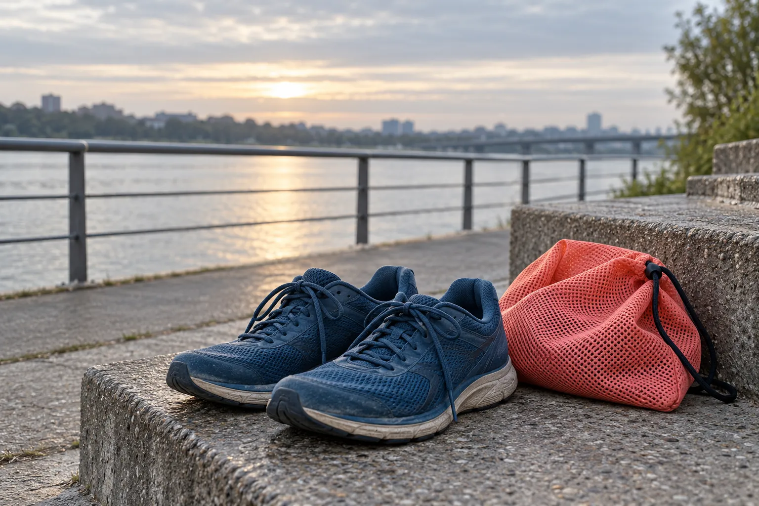 Illustration: A pair of worn plain blue running shoes and a coral mesh gear pouch sit on concrete steps beside a riverside path.
