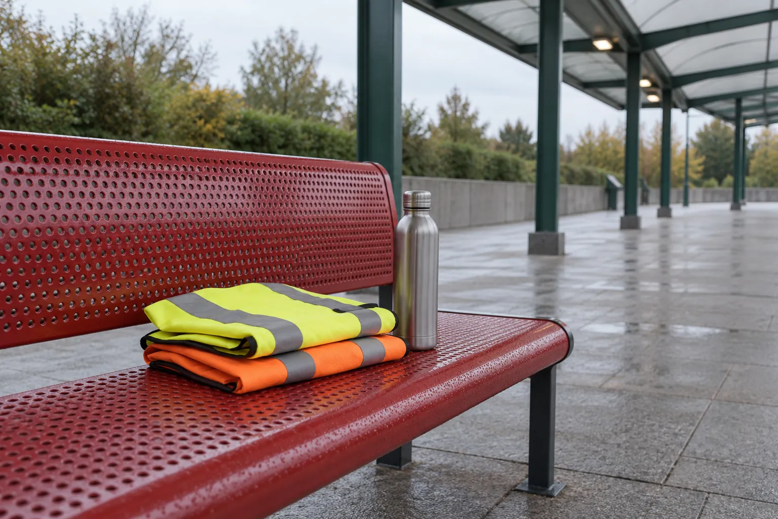 Illustration: Two folded reflective running vests and a plain water flask rest on a red perforated bench beneath an empty transit-style canopy.