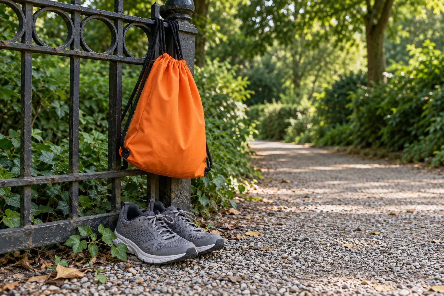 Illustration: A plain orange drawstring bag hangs from a wrought-metal park gate, with running shoes tucked below on clean gravel.