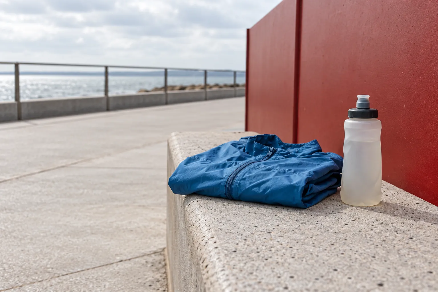 A folded blue lightweight running jacket and plain soft flask sit on a concrete bench against a red windbreak panel.
