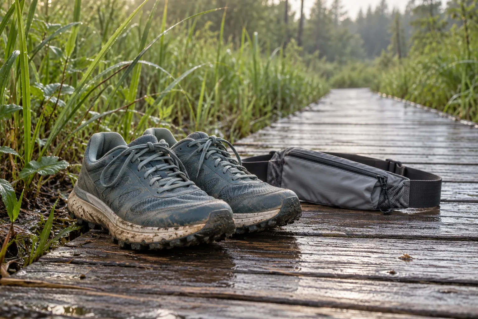 Illustration: A pair of unbranded trail-running shoes rests at the dry edge of a wet cedar boardwalk, beside a gray running belt.