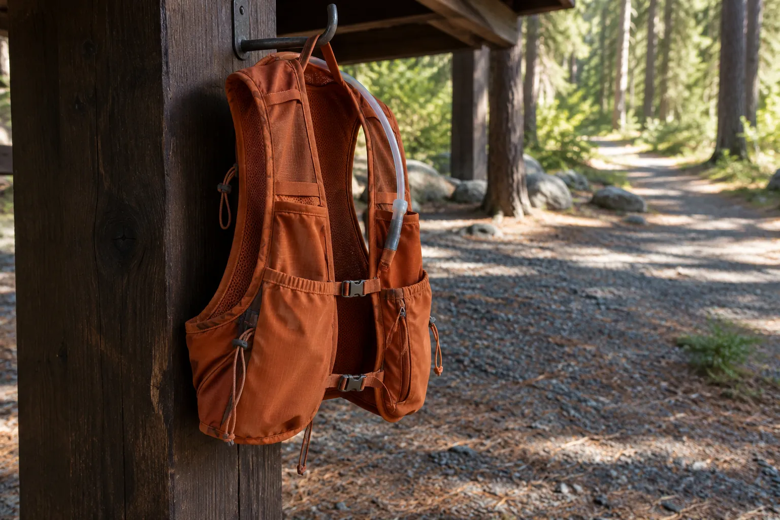 Illustration: A plain burnt-orange hydration vest hangs on a shelter hook above dark gravel and pine needles.