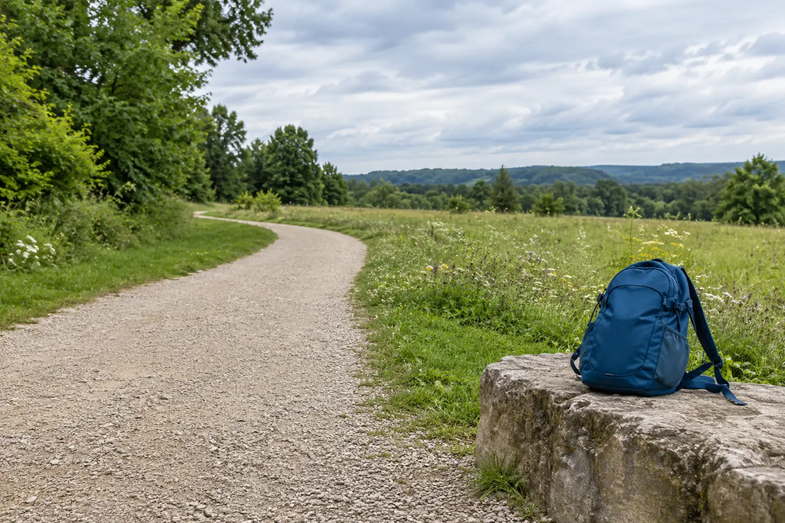 Illustration: An empty compacted gravel running path bends around a meadow, with a plain blue running pack set on a low stone block.