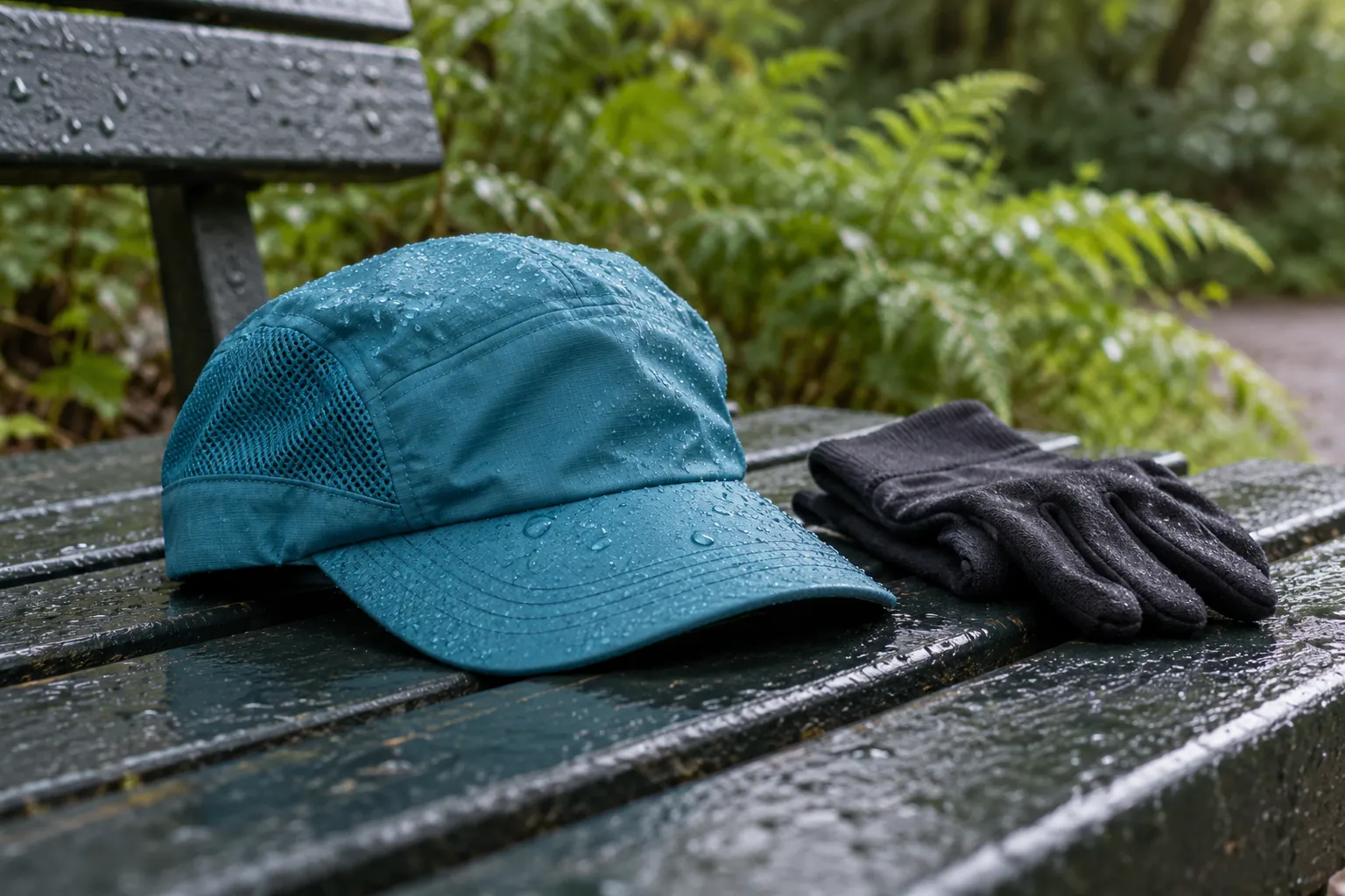 Illustration: A plain teal running cap and folded charcoal gloves lie on a dark painted park bench after a shower.
