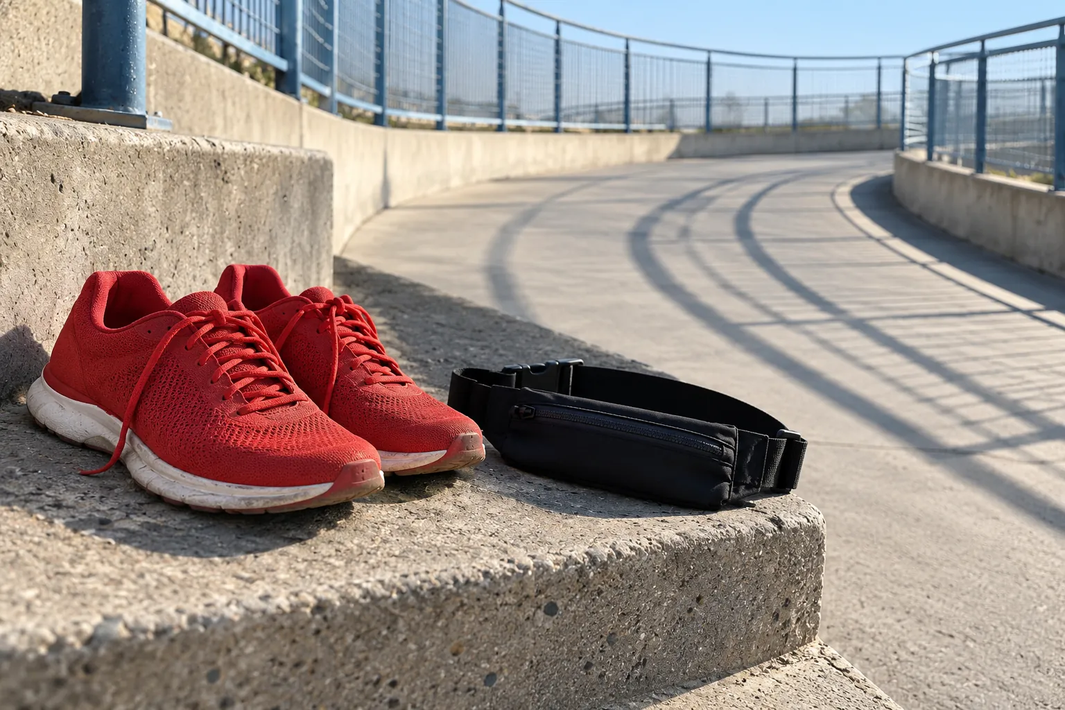 Illustration: Plain red running shoes and a black waist belt sit on a concrete step below an empty curved pedestrian ramp.
