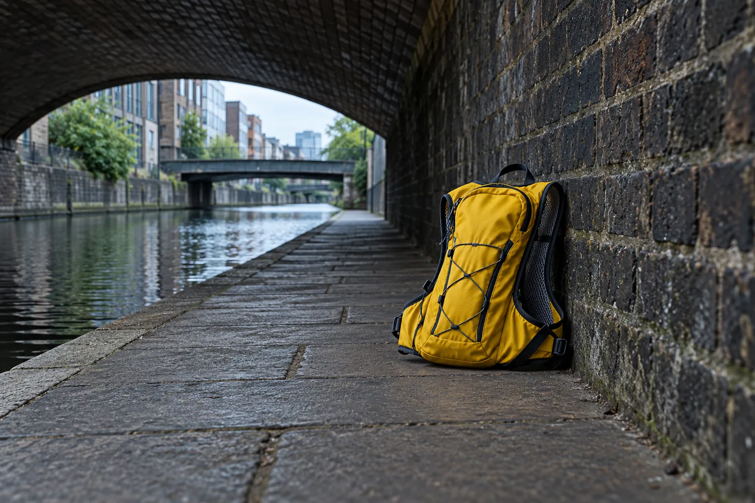 Illustration: A small yellow running bag rests against a dark brick canal wall beside a clean paved urban path.