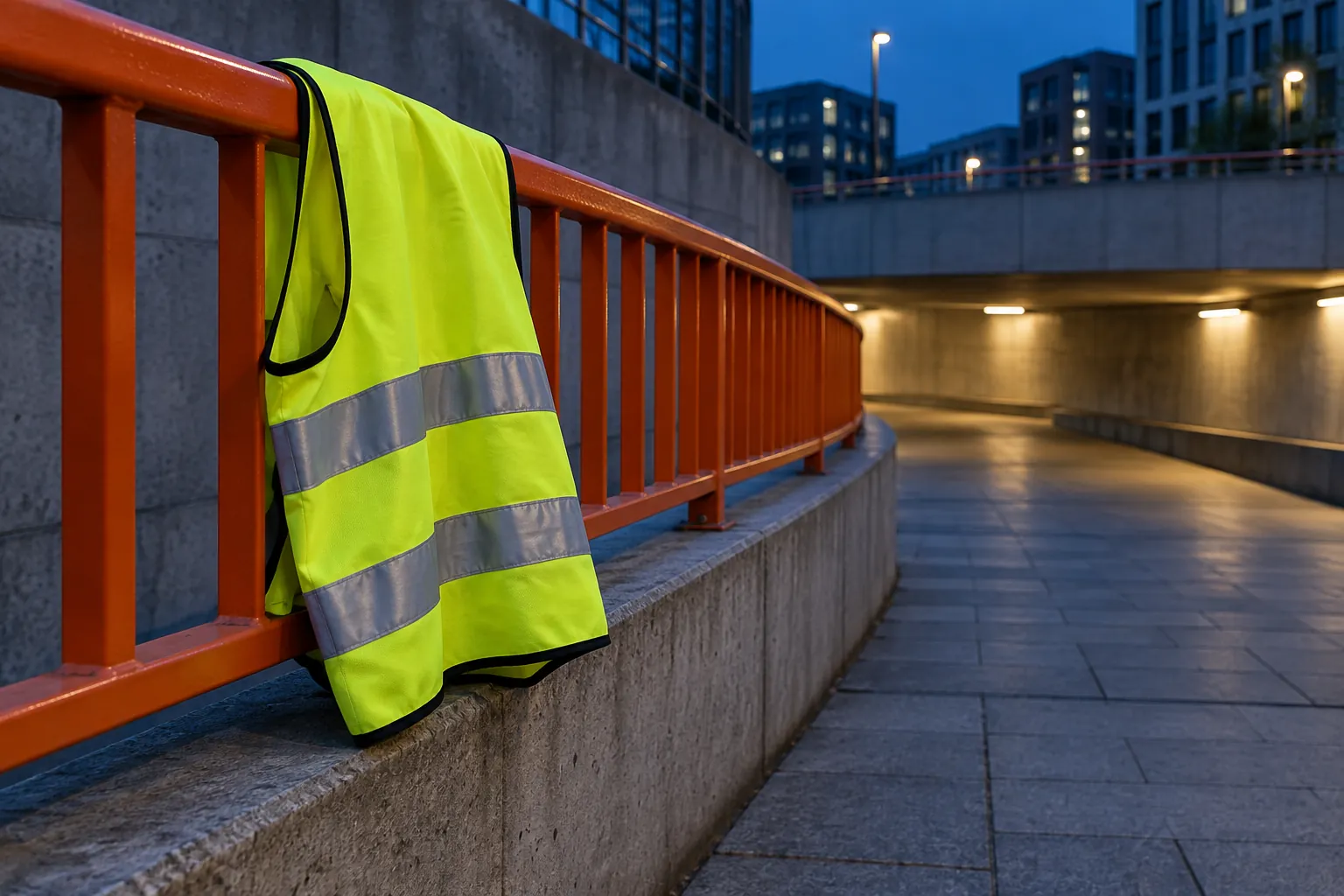 Illustration: A plain reflective vest is draped neatly over an orange steel railing above an empty city footpath.