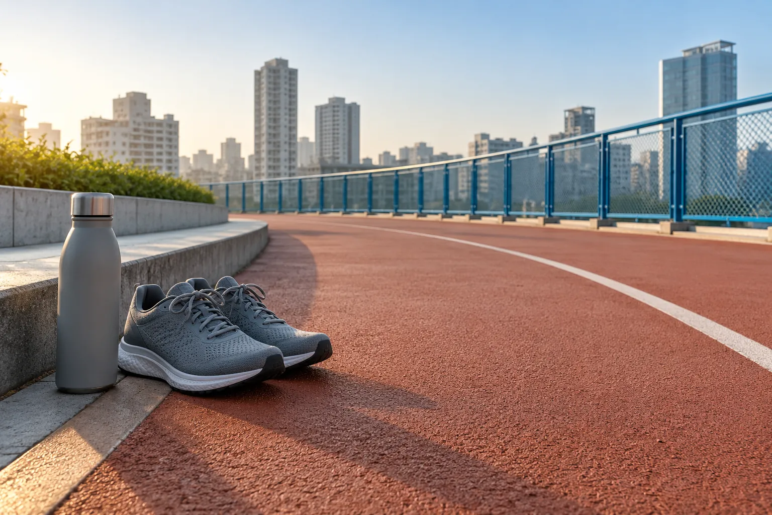 Illustration: A pair of plain gray running shoes and a reusable flask sit at the edge of an empty terracotta rooftop running path.