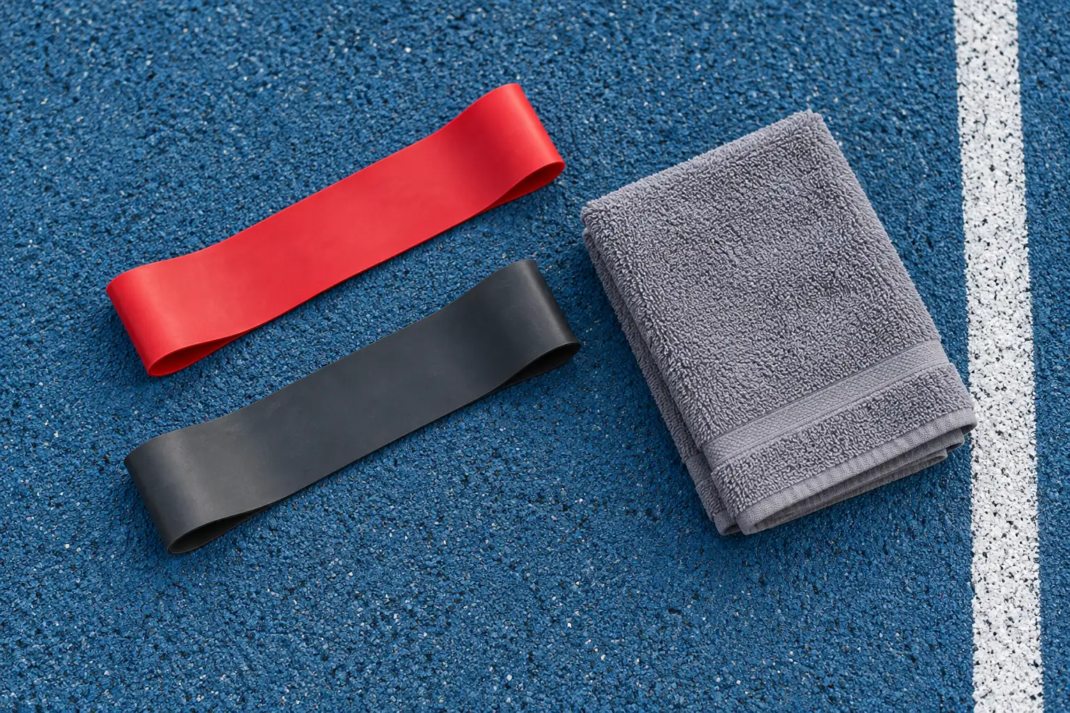 Illustration: Two loop resistance bands, one red and one charcoal, lie beside a folded towel on a blue outdoor exercise surface.