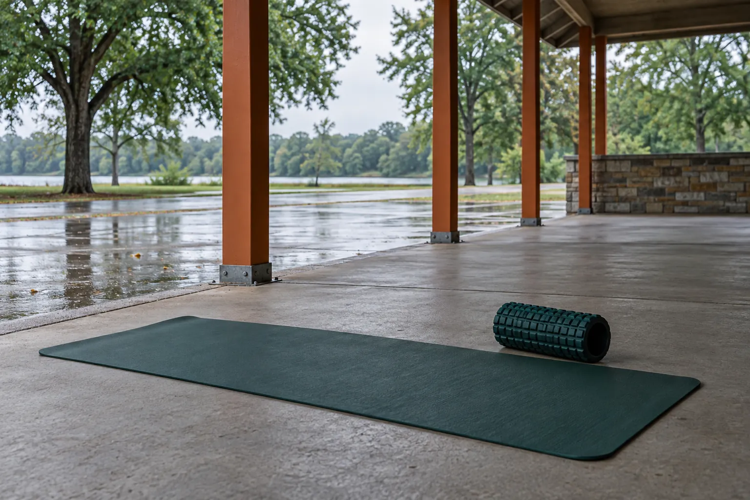 A dark green exercise mat and compact foam roller lie beneath the dry edge of an open-sided concrete park pavilion.