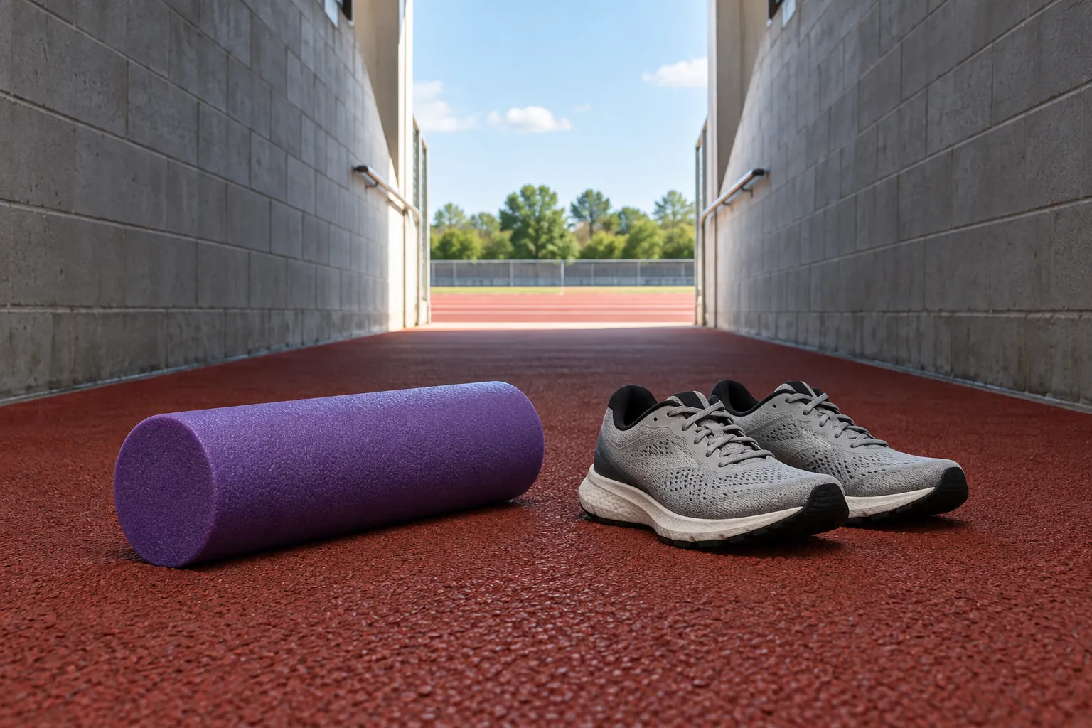 Illustration: A plain purple foam roller and two running shoes rest on the red rubber floor of an empty track-access tunnel.