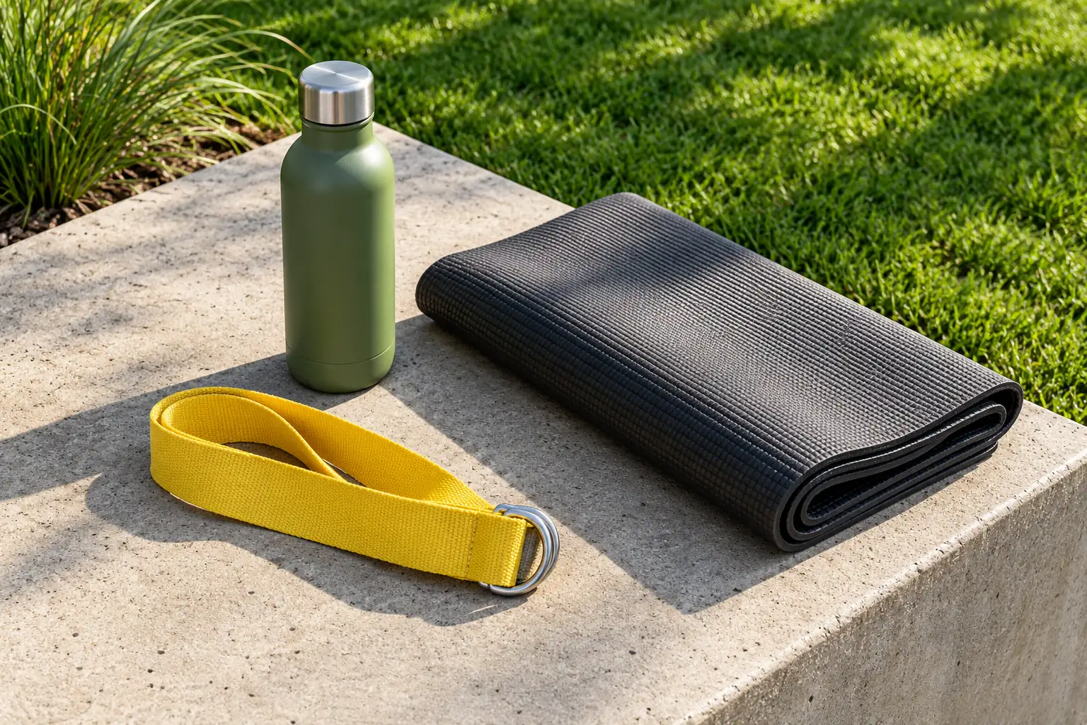 Illustration: A short stretching strap, a closed plain water bottle and a folded mat rest on a low concrete terrace beside grass.