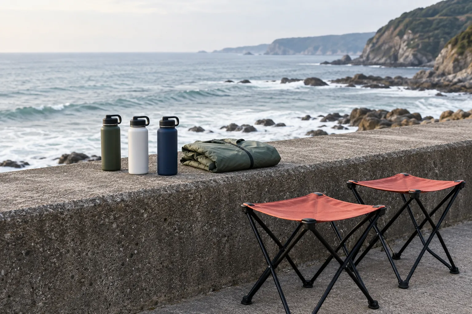 Illustration: Three plain reusable running flasks and a folded lightweight jacket sit on a broad gray sea wall beside empty folding stools.