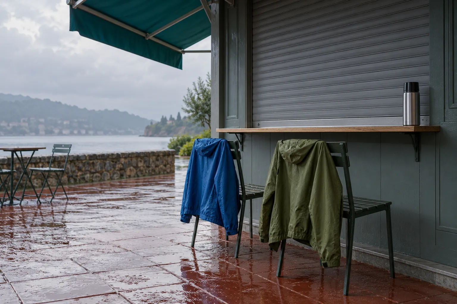 Illustration: Two plain running jackets hang from chair backs beside a closed service hatch, with a steel thermos on a narrow shelf.