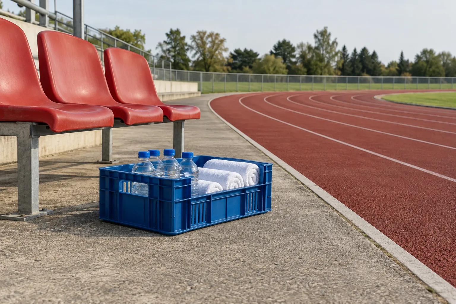 Illustration: A blue reusable crate holds plain water bottles and rolled towels near three empty red stadium-style seats at a public track.