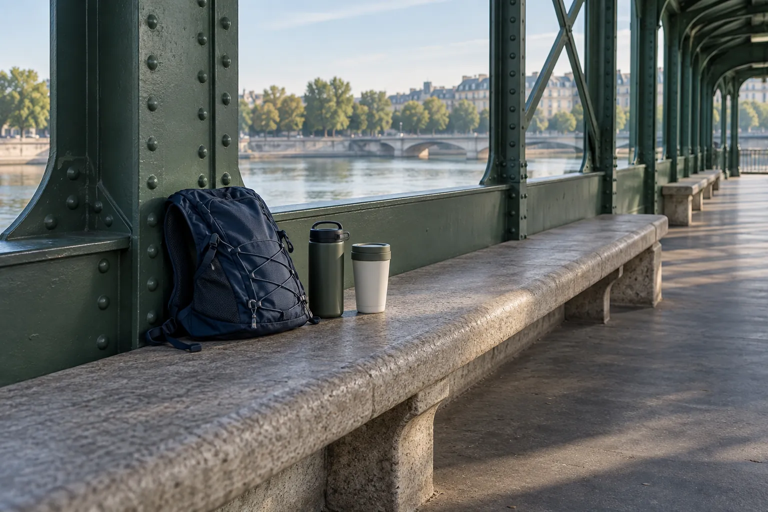 Illustration: A small navy running pack and two reusable cups sit on the wide stone seat of an empty pedestrian-bridge shelter.