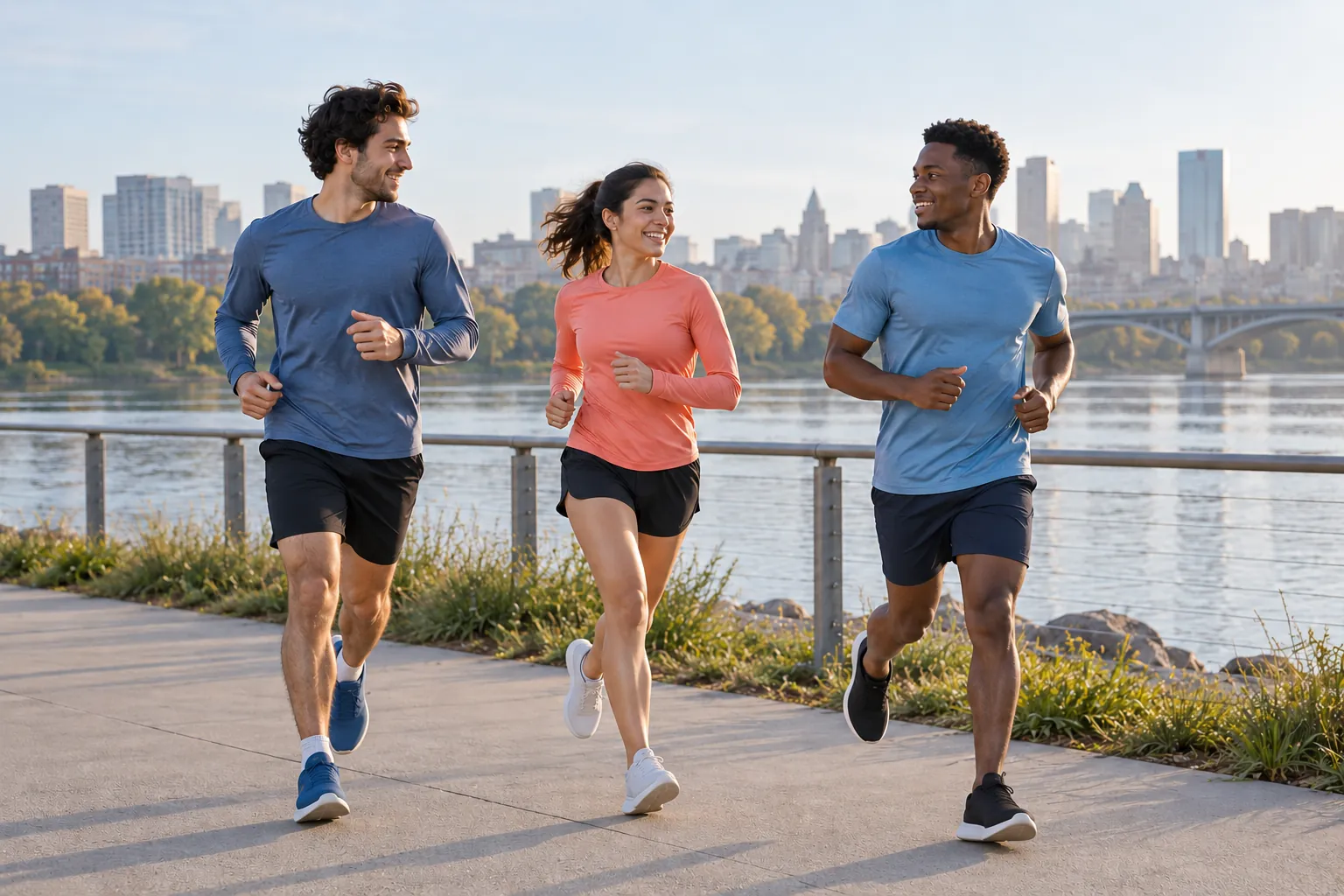 Illustration: Three young adults jog together along a riverside path at an easy pace.