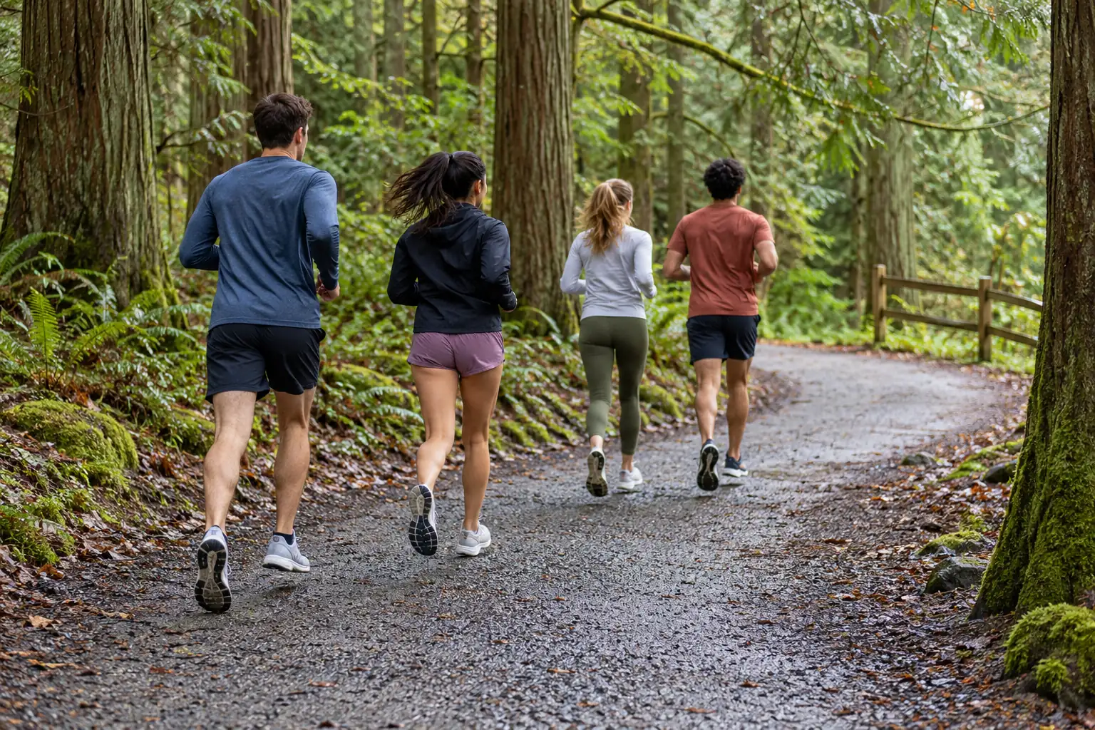 Illustration: Four young adults run along a curved gravel path through a cedar park.