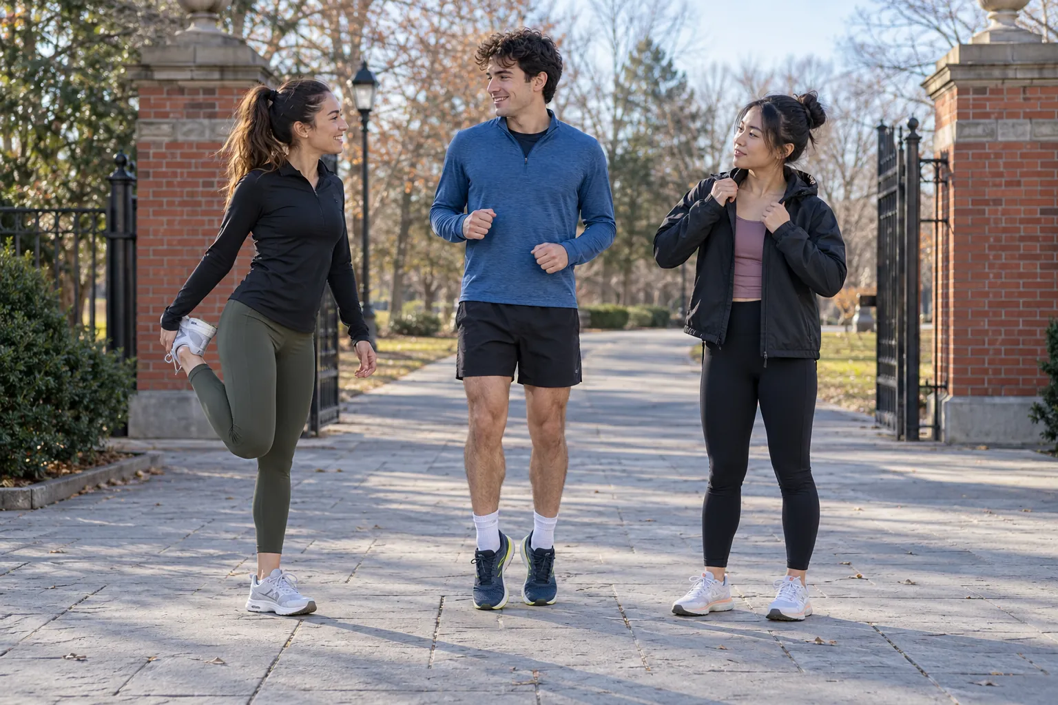 Illustration: Young adults stretch together before a social run at a park entrance.