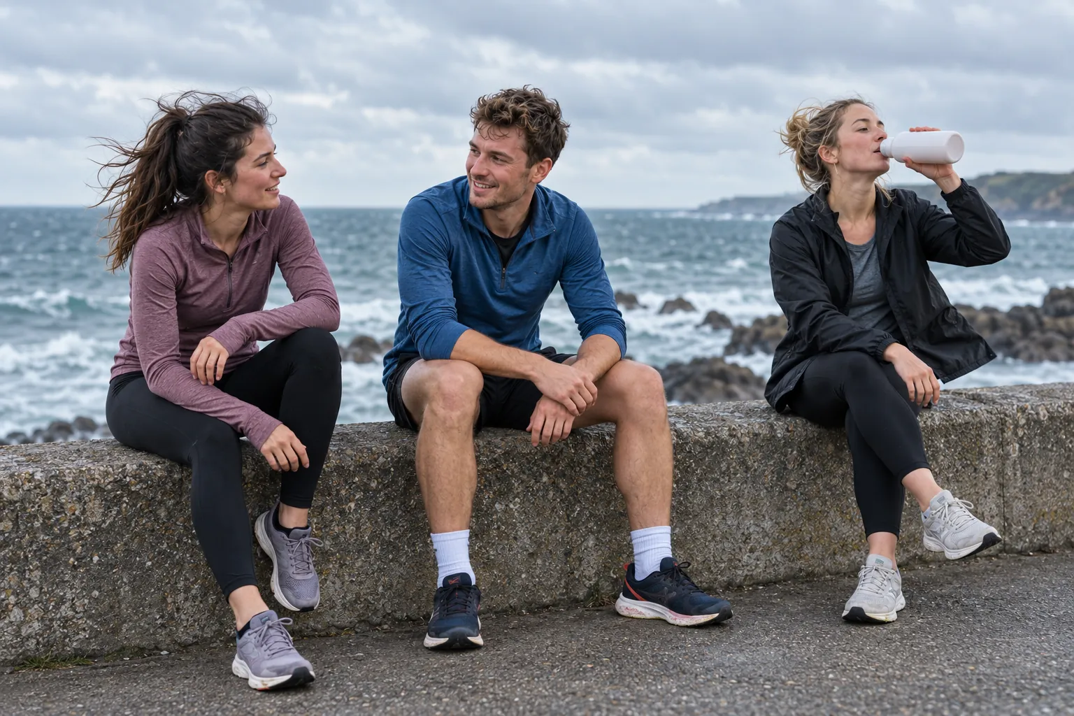 Illustration: Young adults rest and chat on a seawall after a run.