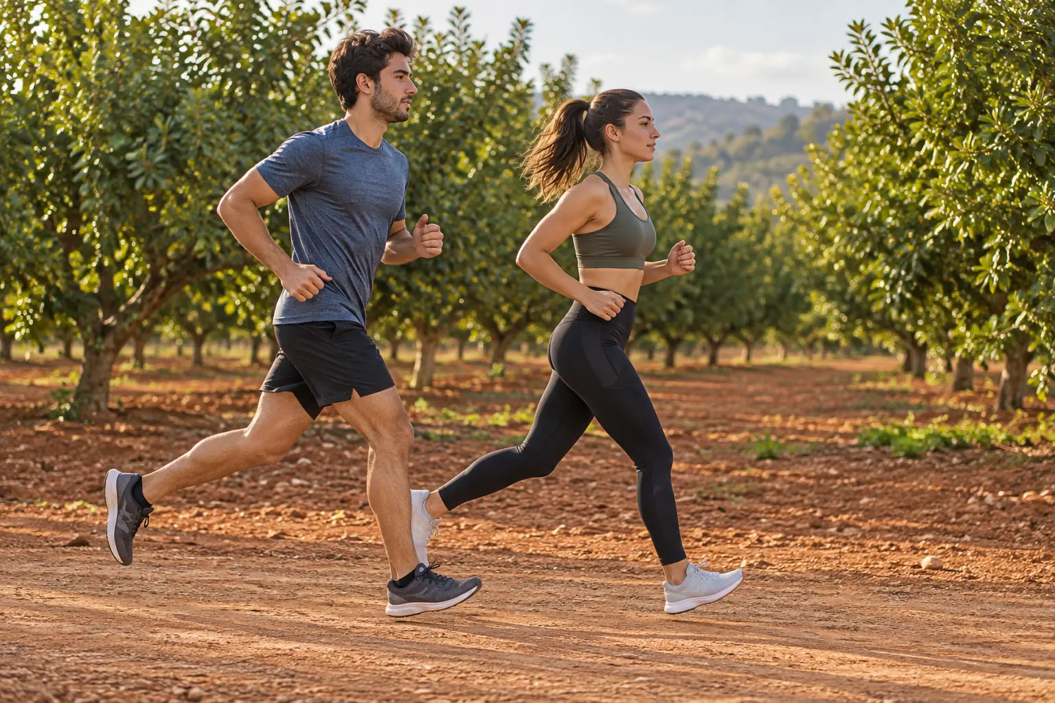 Illustration: Two young adults run together along an orchard path.