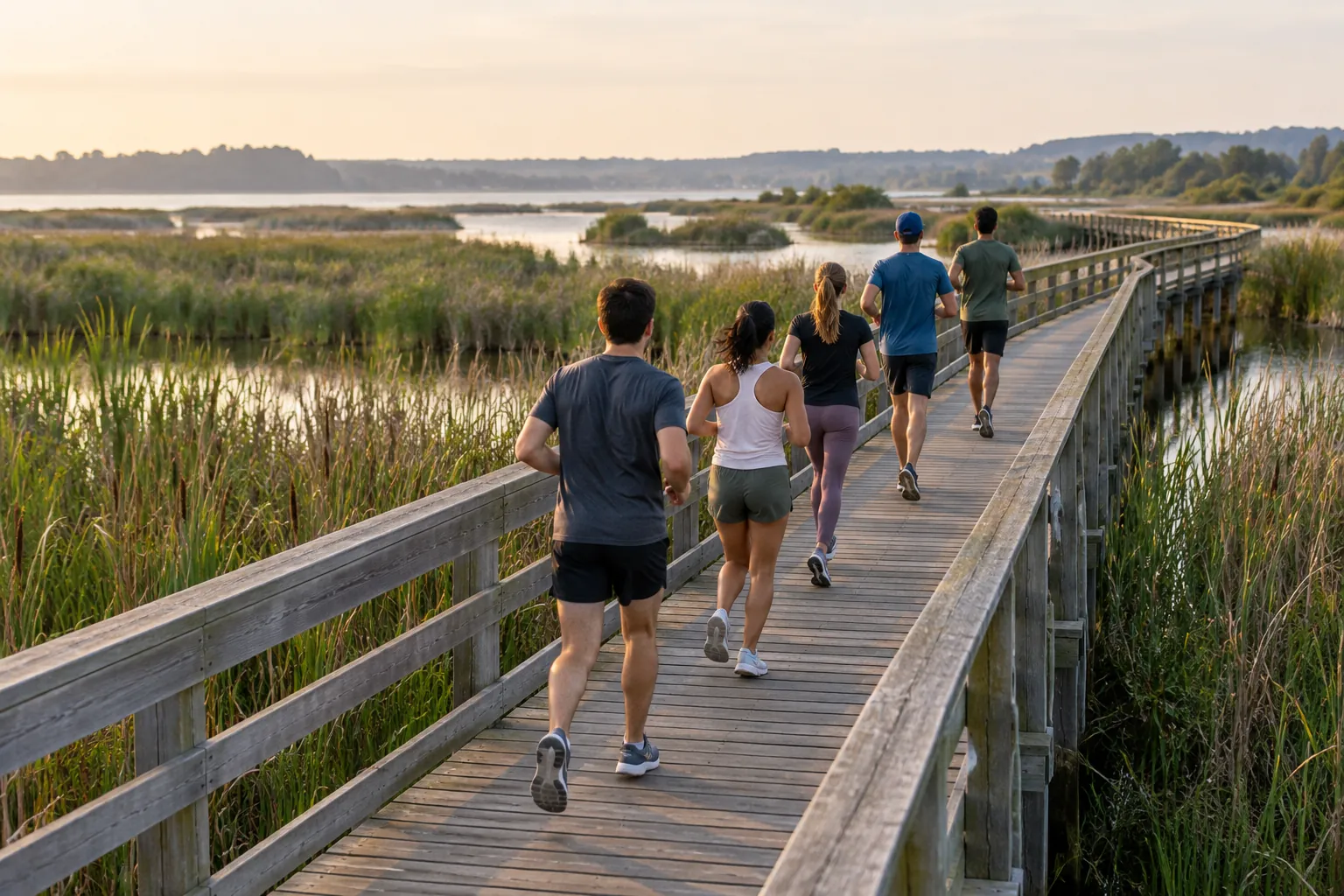 Illustration: Young adults run along a boardwalk through the reeds.