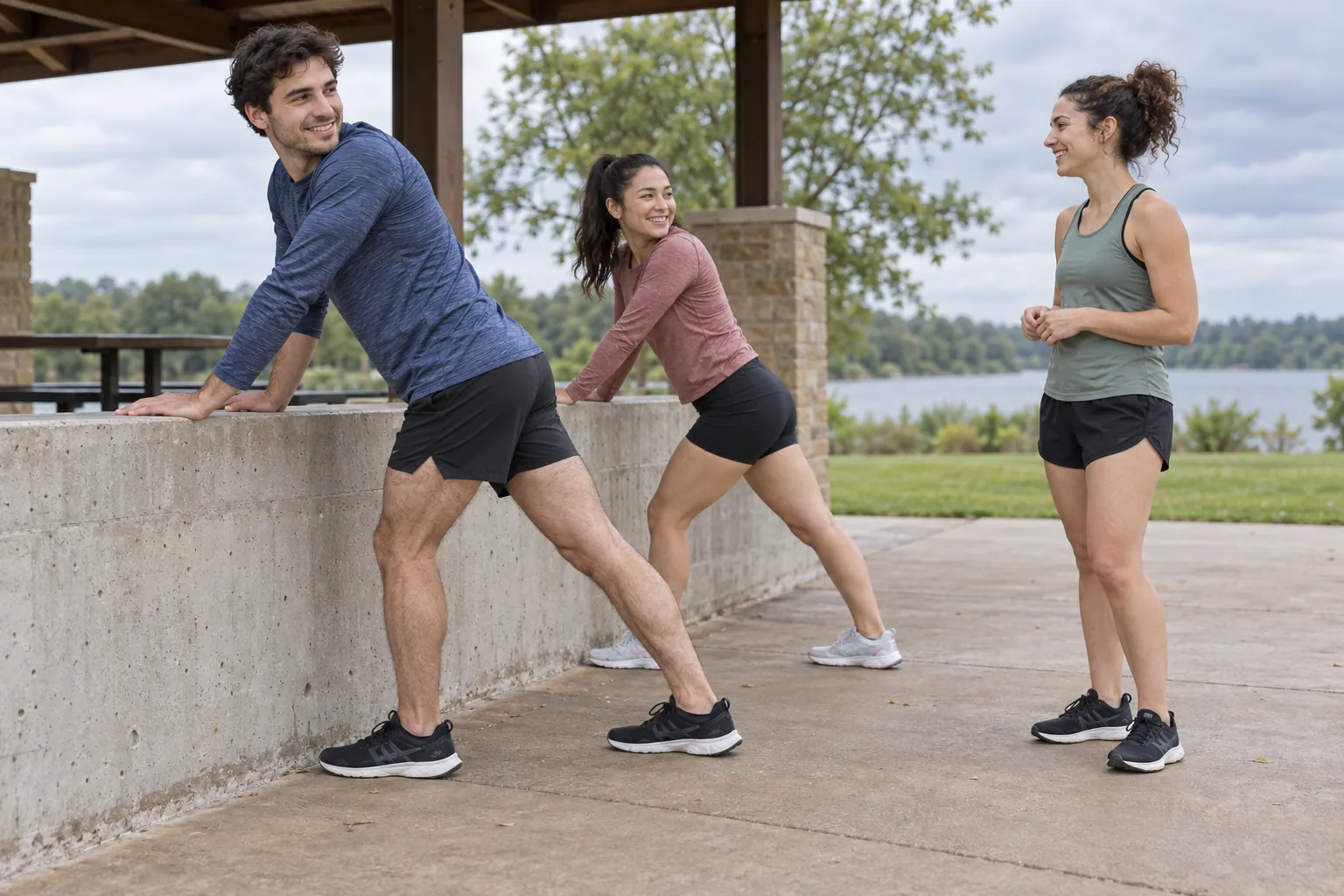 Illustration: Young adults warming up beside a park shelter before a run.