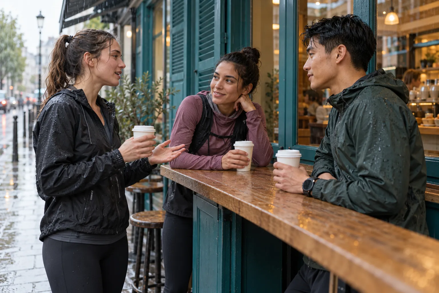 Illustration: Young runners talk over coffee after their run.