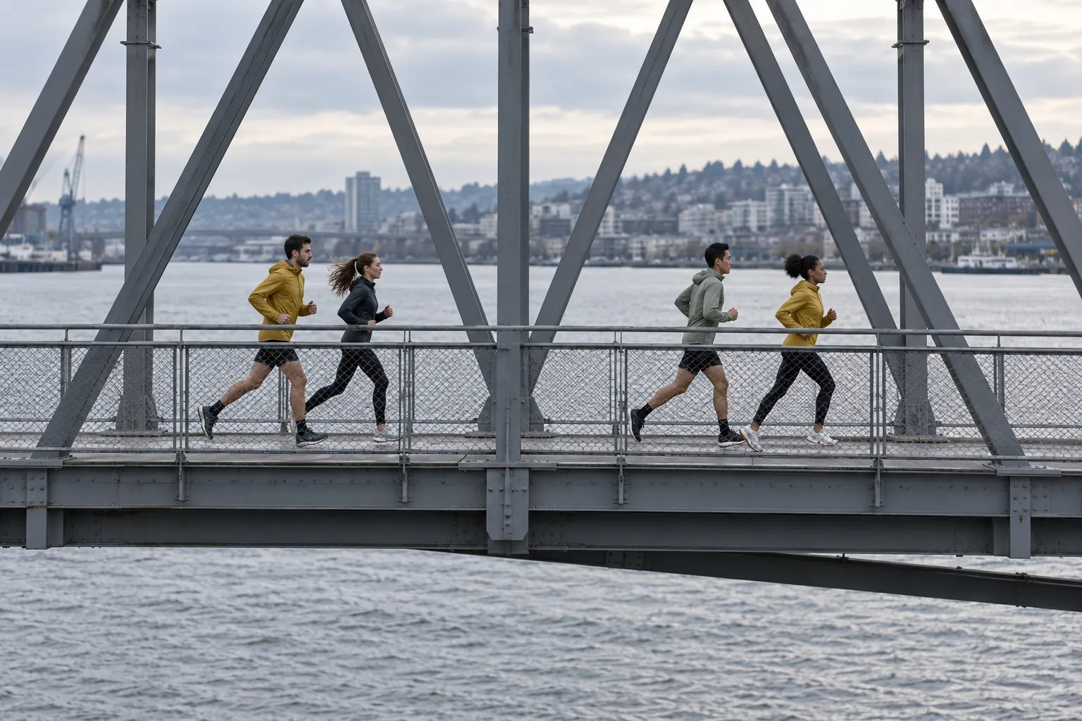 Illustration: Young runners crossing a steel pedestrian bridge.